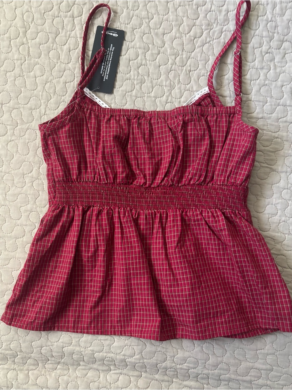 Blush Red Plaid Button-Front Cami with Lace Trim - Picture 3 of 4